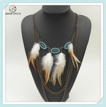 New Designed Women Simple Alloy Chain Bohemian Tribal Feather Necklace 2015