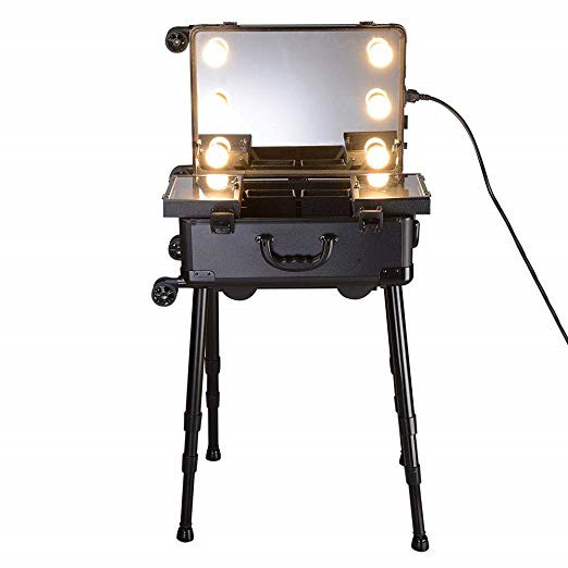 Rolling Makeup Case LED Light Mirror Adjustable Legs Lockable Train Table Studio Artist Cosmetic Case