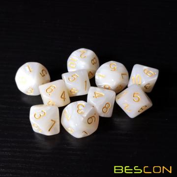 Bescon Polyhedral 10 lados Dados con el número 1-10, Marble White 10 lados Dice, 10 lados Dube 1-10 Pearl White