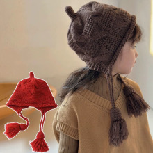 2025 Handmade Crochet Beanie Cable Knit Hat with Braided Ear Flaps and Pom Pom Balls