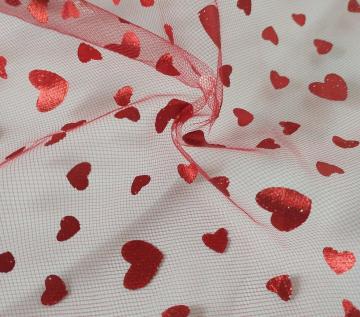 Square tulle fabric with foil red heart