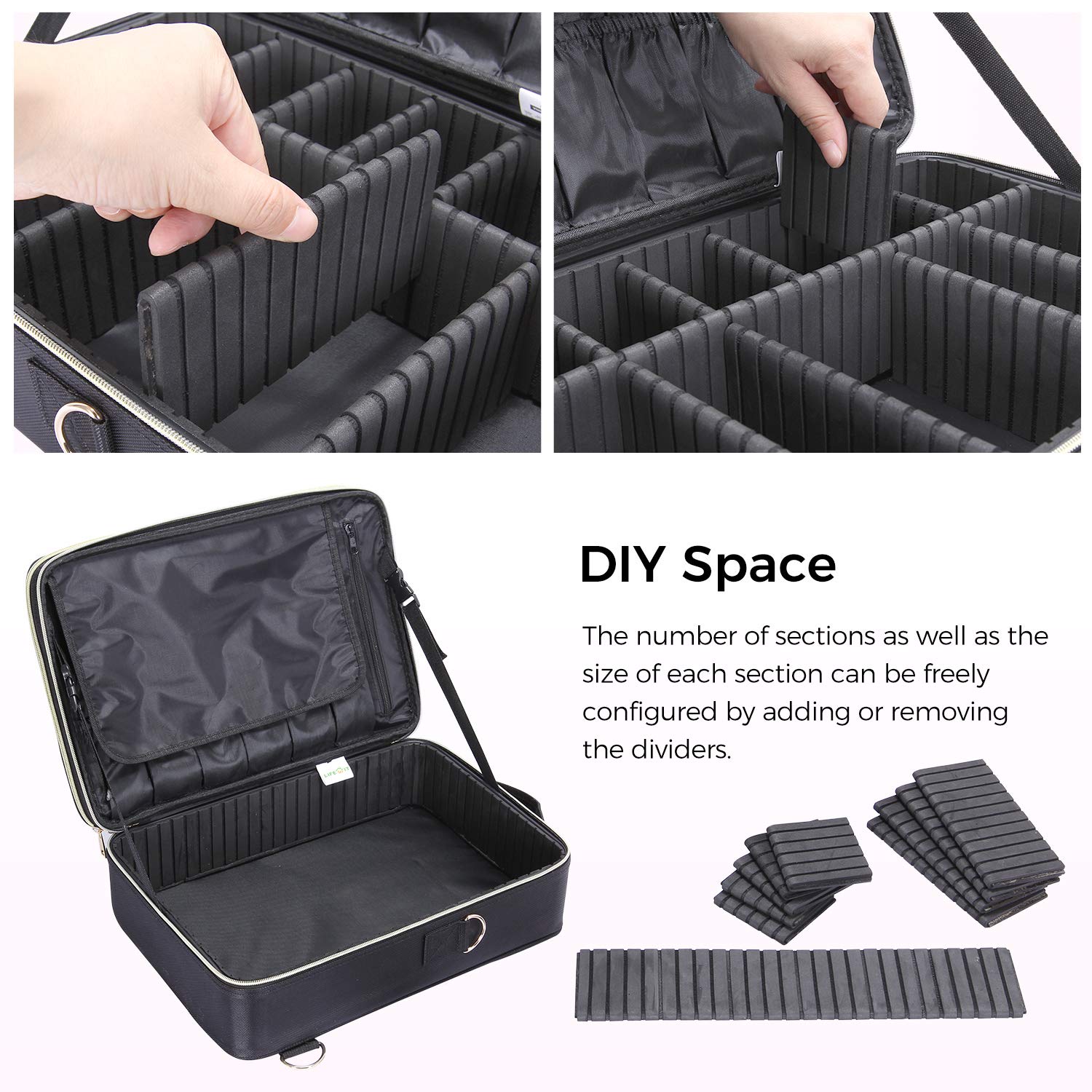 3-Layers Large Makeup Bag Train Case Travel Professional Cosmetic Organizer Bag with Adjustable Divider and gold zipper Black