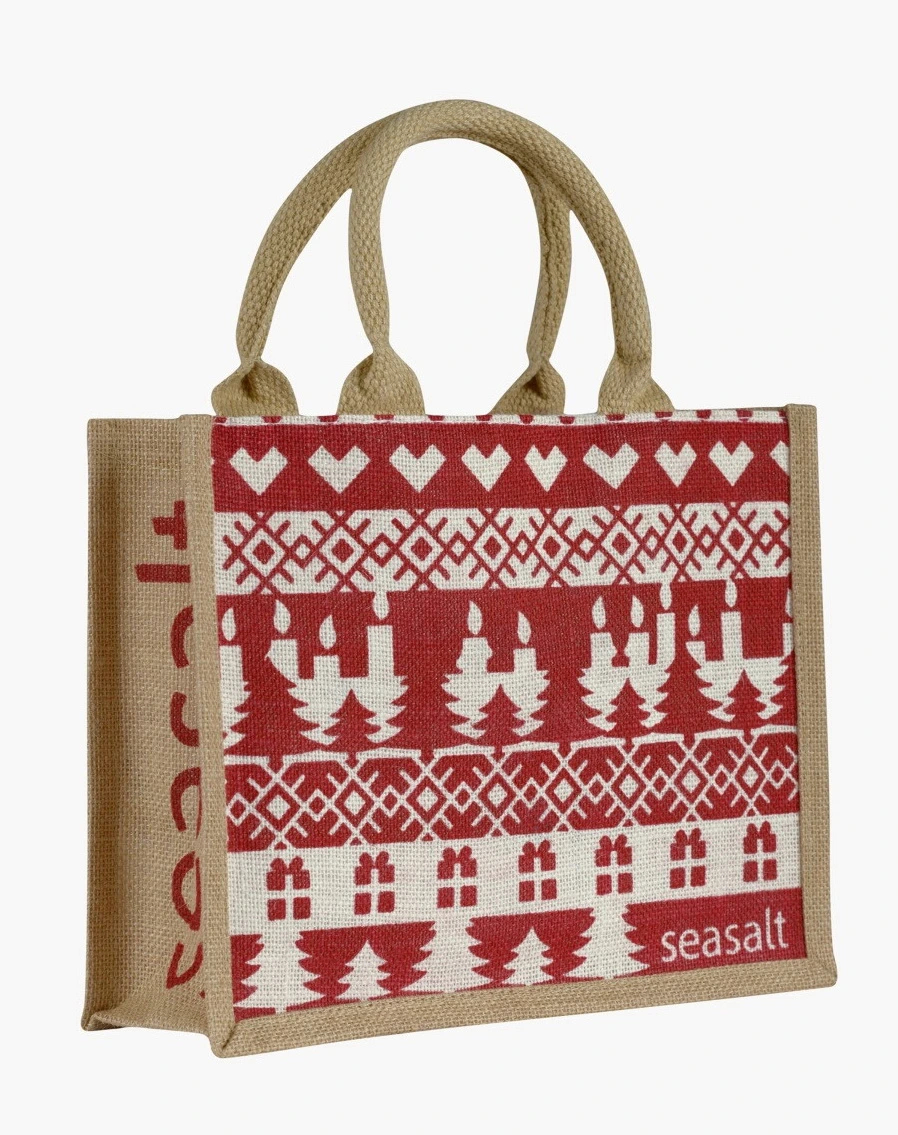 Customized Printed Xmas Natural Burlap Fashion Eco-Friendly Tote Bags Reusable Jute Shopping Bag with PE-Coated