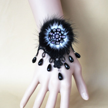 Black Crochet Lace Band With POM Charm Beads Tassel Bracelet