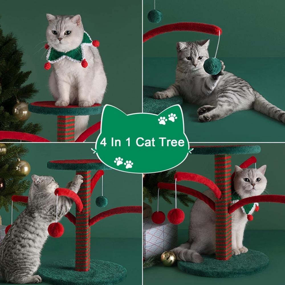 Cat Tree, Cat Scratching Post for Indoor Cats, Christmas, Cat Tower with Platform, 4 Interactive Dangling Ball