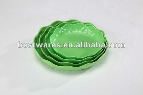 Hot sale green 4pcs melamine plastic flower shaped plate ware