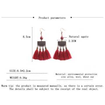 Women dangle chandelier tassel Pendant Earrings fashion retro Bohemian national style metal brand wool wheat natural agate stud