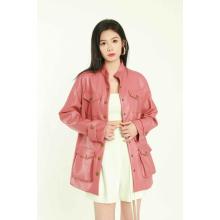 Ladies Stand Collar Leather Coat