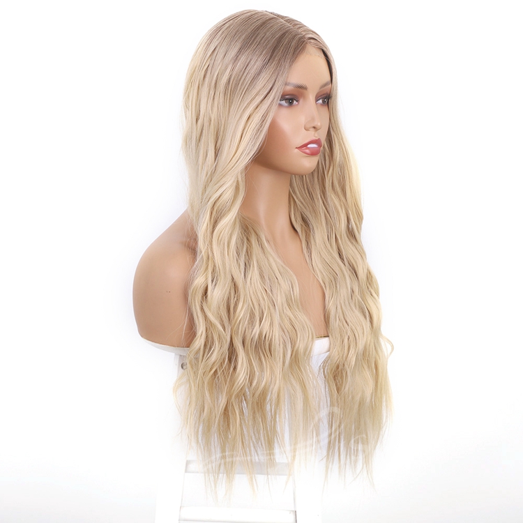 Lace Synthetic Wig Colored Blonde Hair Long Body Wavy Middle Part High Quality Good Premium Hair Cheap Price