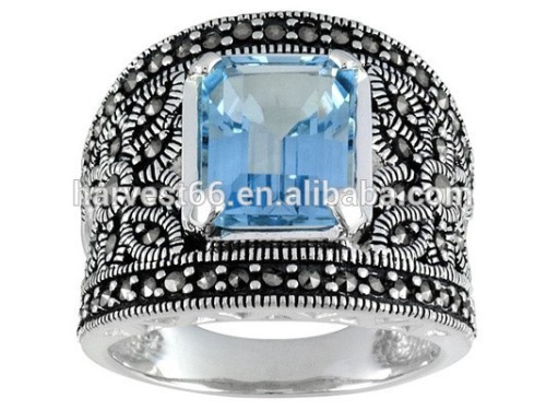 4.10ct Emerald Cut Glacier Topaz With Marcasite Sterling Silver Ring