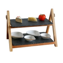 China Natural Slate Stone Slate Cake Stand with Wood Mat for Restaurant