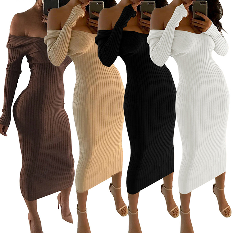 Custom Logo long sleeve sexy knit sweater solid Bodycon Dress Plus Size Bodycon Dress