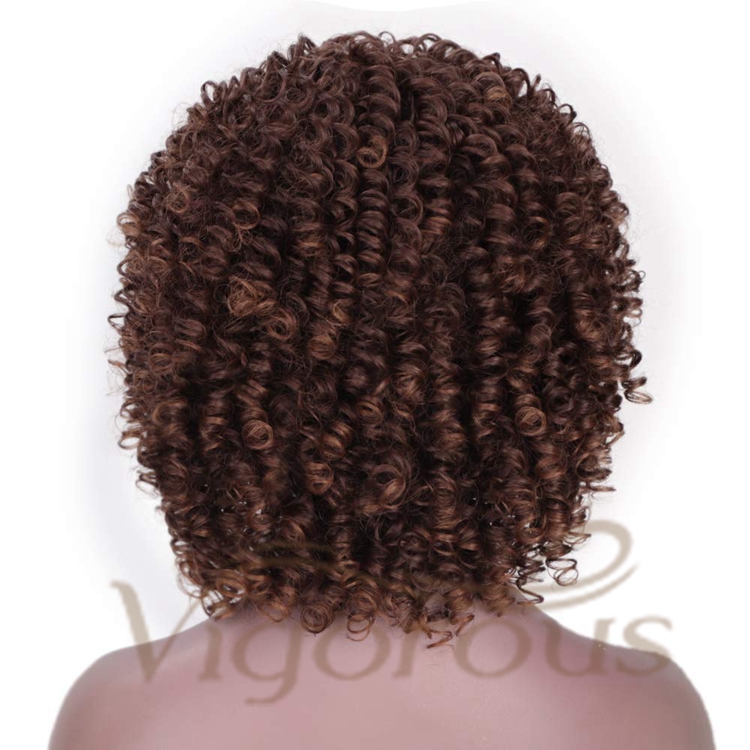 Vigorous Wholesale Short Kinky Curly Fluffy Brown Machine Made Heat Resistant Fiber Cosplay For Black Women Synthetic Hair Wigs