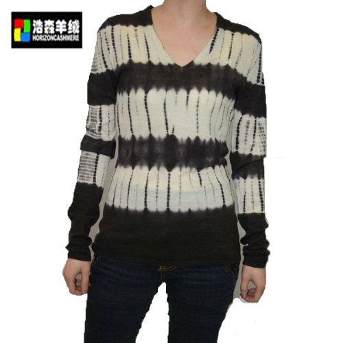 Tie-dye Striped Cashmere Sweater, Ladies Black-White Striped Pullover