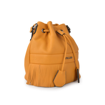 Casual Affair Drawstring Medium Fringe Bucket Bag Camel