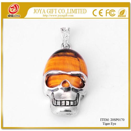 Tiger Eye Semi Precious stone Skull Alloy Pendant