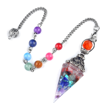 7 Chakra Chip Stone Resin Antique Silver Hexagonal Cone Pendant & Pendulum 7 Chakra Chain