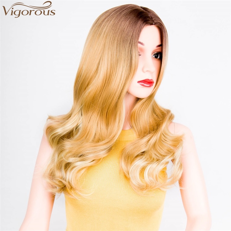 Vigorous Top Quality Long Ombre Dark Root To Blonde Wig Body Wavy Synthetic Wigs For White Women High Temperature