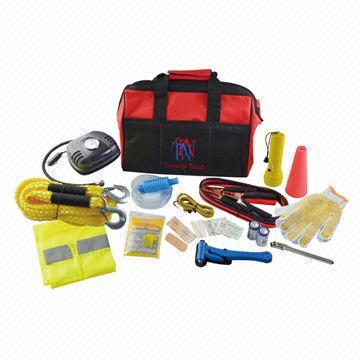 Auto Emergency Tool Kits, First Aid Kit, Bungee Cord, Red Signal Cone, High Quality Nylon Bag