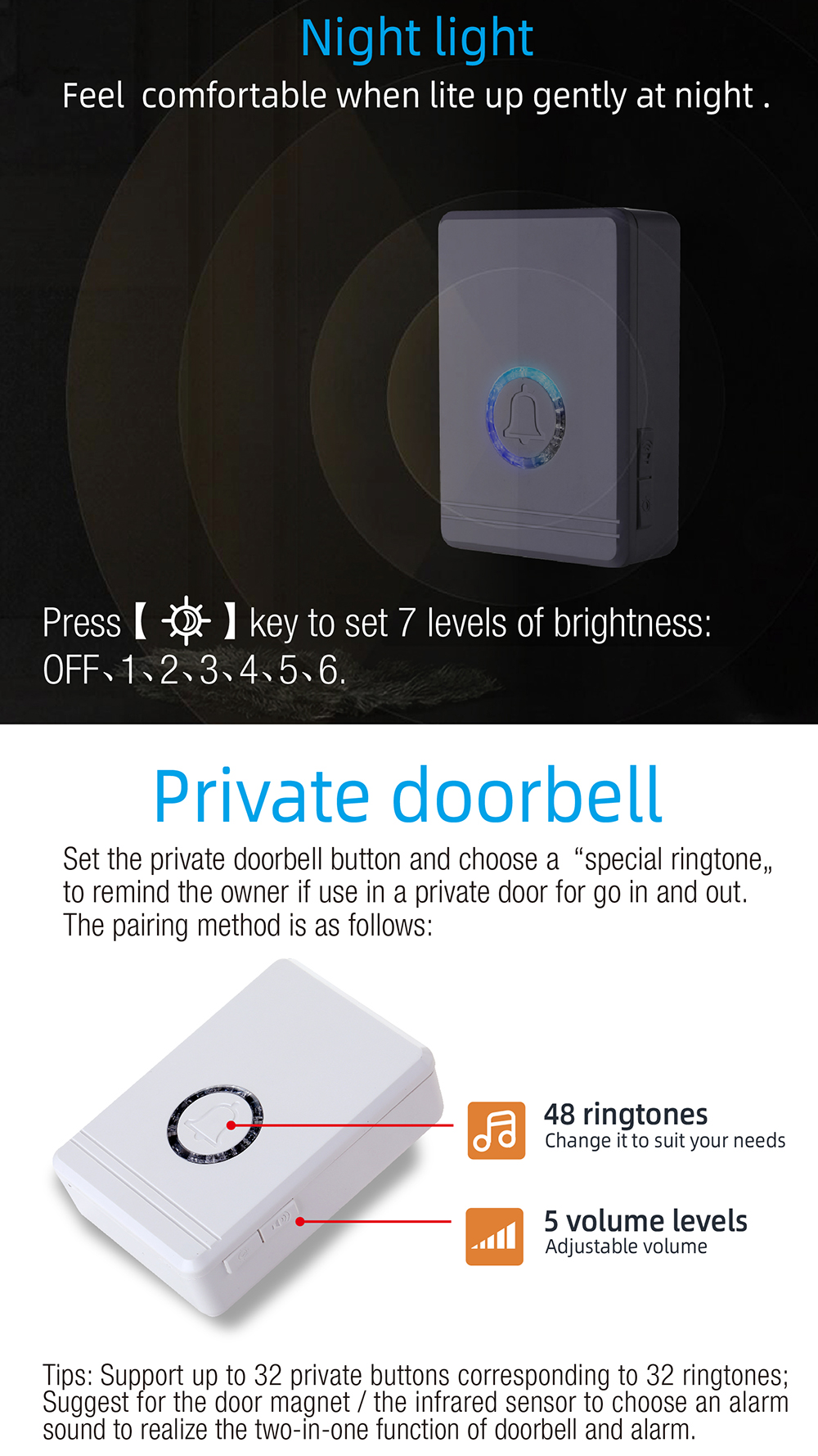 Adjustable Smart Door BellLightness 400M Long Range Hotel Wireless Doorbells Ding Dong Ring