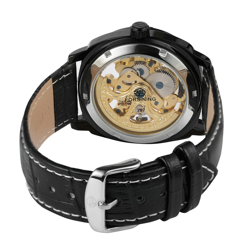 FORSINING 207-1 Men Automatic Mechanical Watch Leather Strap Wristwatch High Quality Skeleton Watches