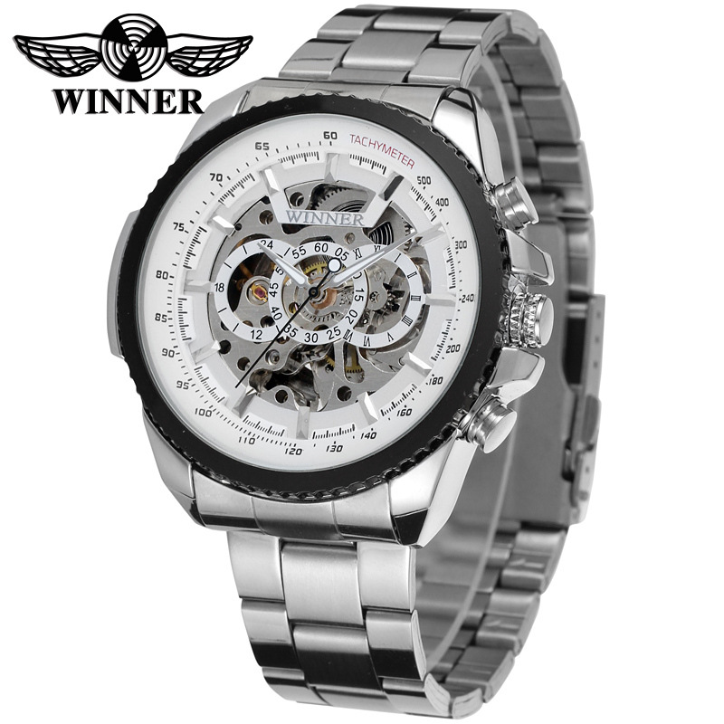 Winner 428 promotional Skeleton Watch Men Full Stainless Steel Auto Mechanical custom LOGO Watch Self-Wind Male Dress Clock
