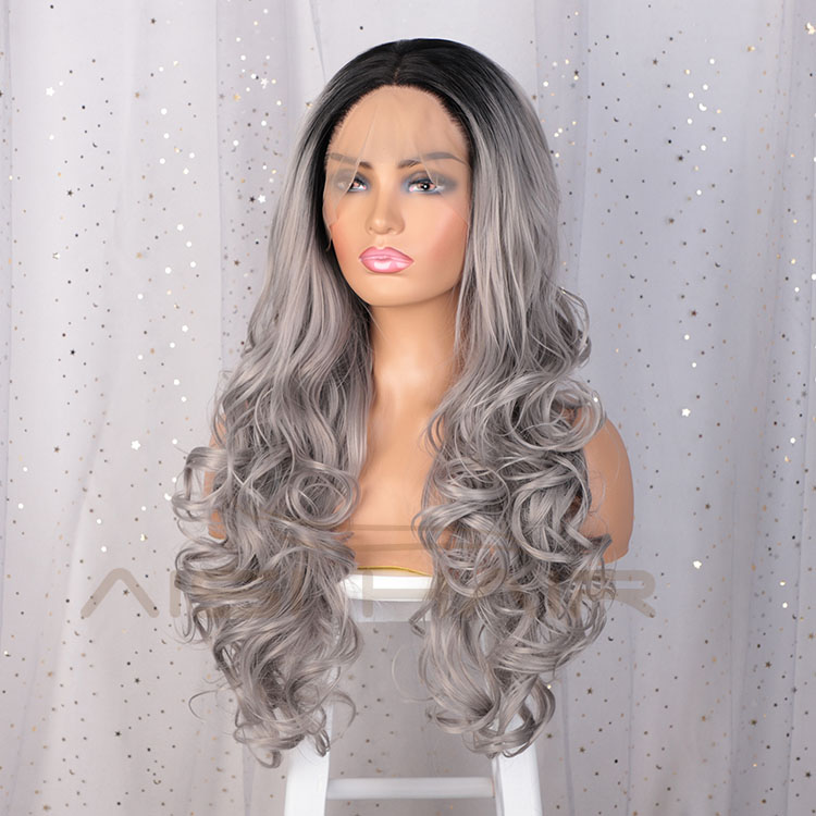Aisi Hair Cosplay Synthetic Ombre Gray Dark Root Wig Long Wavy Swiss Lace Wig Body Wave Lace Frontal Hair Wigs For Black Women