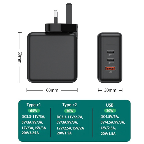 65W High Power 3 Port GaN настінний зарядний пристрій