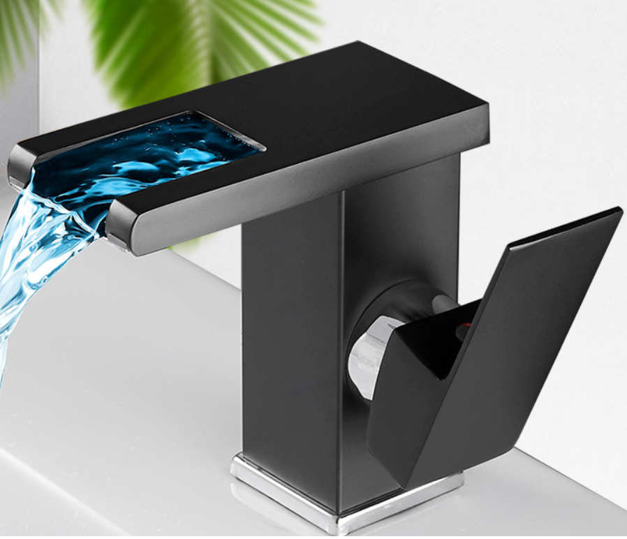 폭포 분지 믹서 단일 레버 욕실 황동 LED 색상 변경 수도꼭지 빛 폭포 세면대 수도꼭지