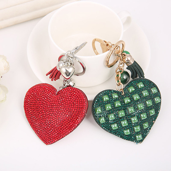  Heart Shaped Rhinestone Leather Keychain