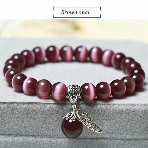 Natural Gemstone Beaded Stretch Bracelet cat eye stone 8mm Round Beads Chakra leaf tassel Crystal Healing Jewelry for Women Men