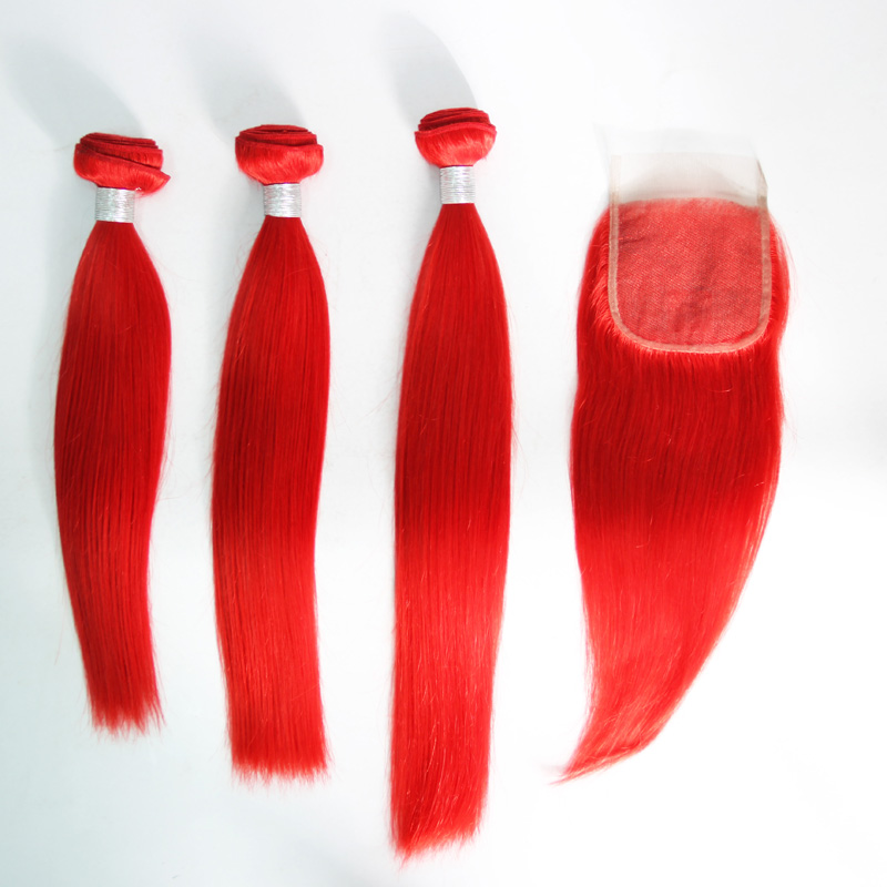 Human Hair Weaves with Closures Wavy and Curly Straight Bright Red Color Brazilian Hair Straight Wavy Curly Available 8A Grade