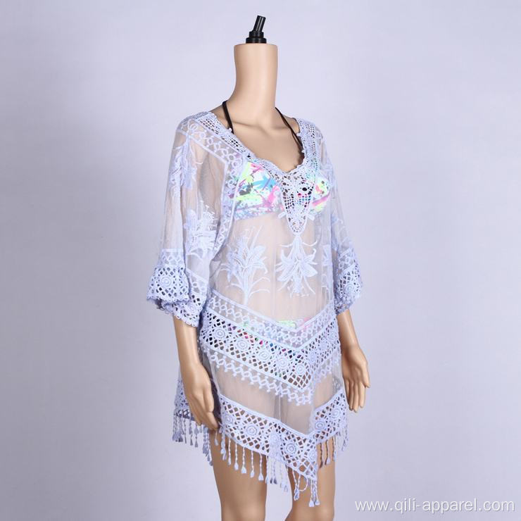 Light Blue Tassels Embroidered Dress Summer Beach Dress