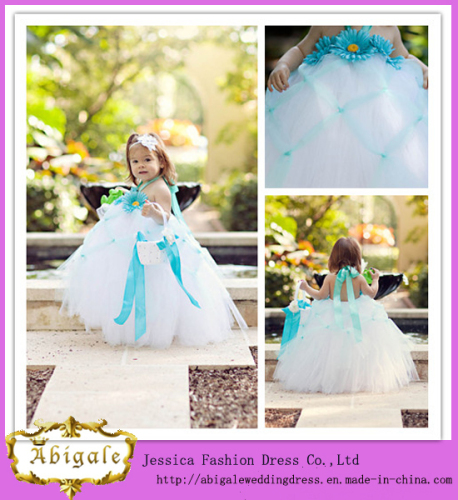 Cute Full Length Ball Gown Halter Royal Blue and White Tulle Baby Girl Wedding Dress (ED10011)