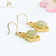 Wholesale Gold Plated Copper Zircon Flower Bud Shape Hetian Jade Drop Earrings