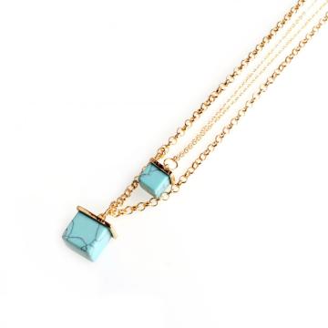 Gold Double Layer Necklace Turquoise Square Pendant