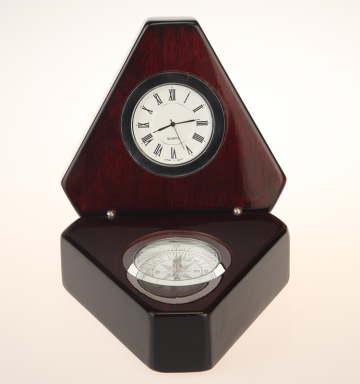 wooden pen stand with clock and compass