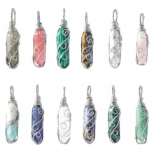 Gemstone 8x32mm Double Hexagonal Prism Wrapped Silver Wire Pendant (11x47mm) Natural Stone Wire Wrapped Hexagon Charm Pendant