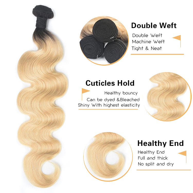 Peruvian Hair Dubai Bulk Hair 1B/613# Ombre Blonde Body Wave Cuticle Aligned Raw Brazilian Hair Bundles