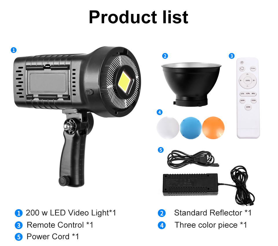 Luz de vídeo LED de salida continua de 200 W con 3 filtros de color Luz de disparo de fotografía de luz diurna regulable de 5600 K con reflector