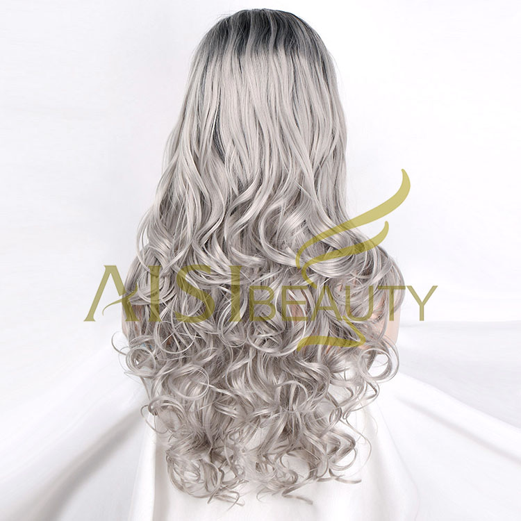 Aisi Beauty Wholesale Vendor Ombre Gray Big Curly Wave Wig Long Wavy Swiss Lace Synthetic Hair For Black Women Lace Front Wig