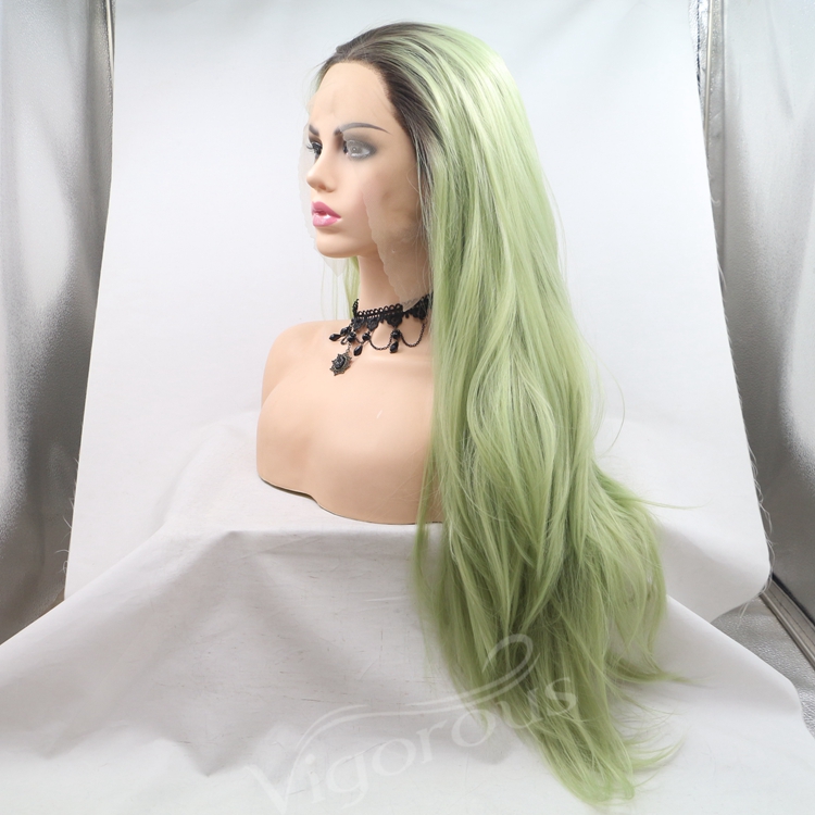 Women's Ombre Green Color 13x3 Lace Front Wigs Long Natural Straight Black To Green Synthetic Wig With Middle Part Ladies Wigs