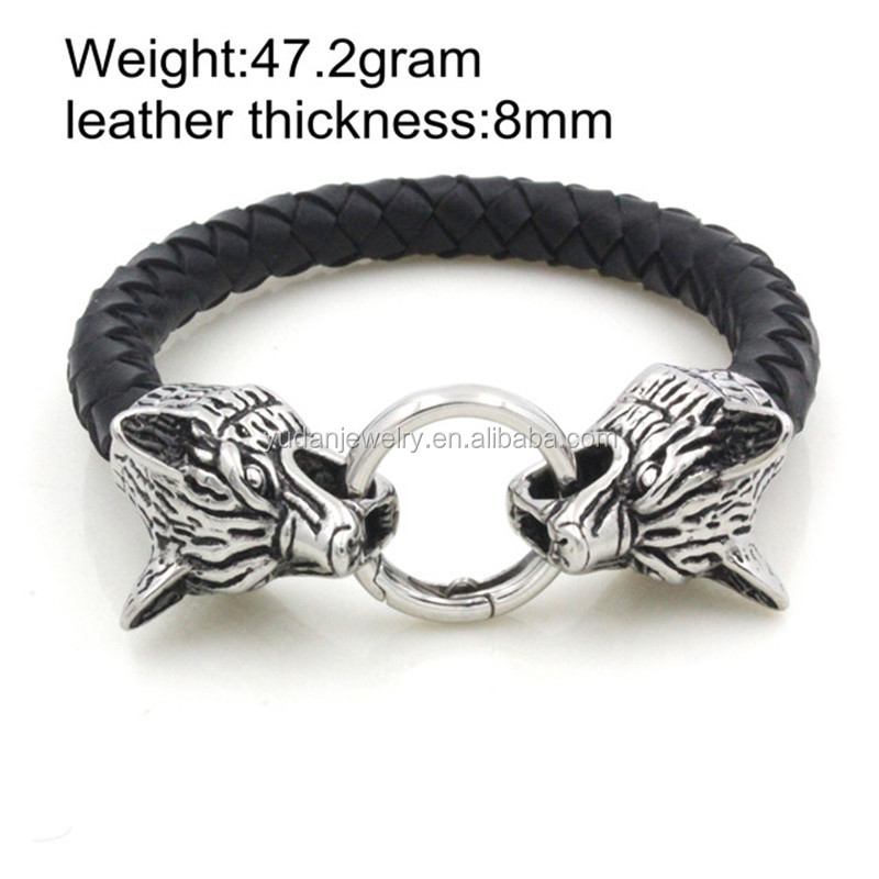 Yudan Jewelry Mens Bracelet Wolf Head Clasp Leather Bracelet