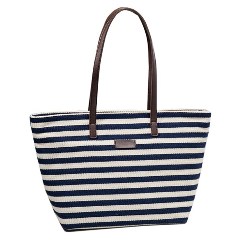Vintage Stripe Ladies Cotton Canvas Beach Leather Handbag