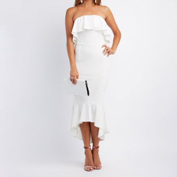 Elegant Ruffle-Trim Strapless Maxi Dress Career Apparel Women Dress 2017