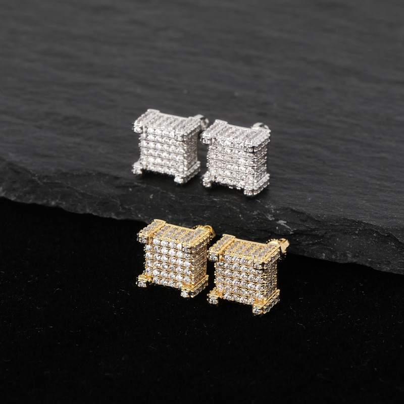 Hot selling square full diamond earrings hip hop jewelry copper women accessories bar jewelry
