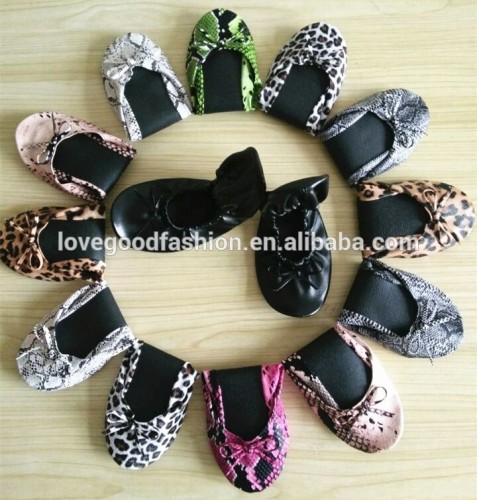 Snake Skin Pattern Leather Foldable Ballet Flats Folding Flats Shoes