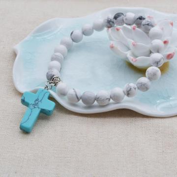 Natural Howlite Chakra Gemstone 8MM Round Beads Charms Bracelet with Turquoise Cross