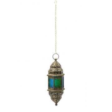Antique Moroccan Metal Candle Lantern with Colored Glass - Indoor/Outdoor Decor