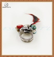 Exaggerated Lady Red Feather Resin Beads Silver Elastic Ring